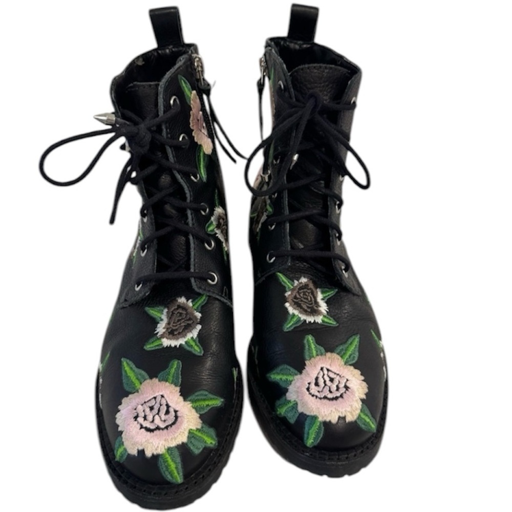 Rebecca Minkoff Black Gerry Floral Embroidered Woman’s Combat Moto Booties 6.5